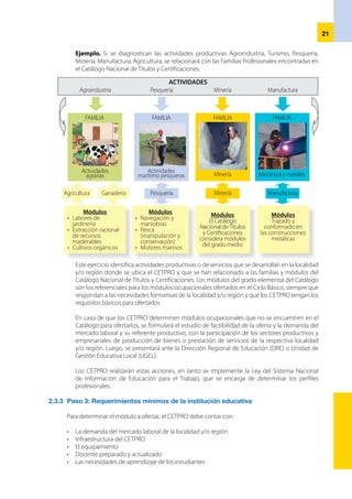 22
Eldirectoryelequipodedocentesevalúanlascondicionesrealesdeinfraestructuradelainstitución
educativa.
2.3.4 	Paso 4:  Determinación de la oferta formativa
En esta etapa se definen los módulos ocupacionales, considerando el Catálogo Nacional deTítulos
y Certificaciones como referente productivo. Este documento está organizado en familias, títulos
profesionales(carrerasy/oespecialidades),certificacionesprofesionales(certificacionesmodulares)
y niveles de formación.
Comorespuestaalarealidaddiversadelámbitoproductivo,quepresentaorganizacionesdediversa
complejidad, la formación profesional-técnica se organiza en tres grados sucesivos dentro del
catálogo: elemental o de habilitación laboral, medio y superior. Dichos grados se caracterizan por
Los CETPRO deben contar con la infraestructura adecuada para el
módulo a ofertar, la cual debe reunir condiciones idóneas en cuanto
a construcción, espacio, ventilación e iluminación, entre otros. Los
talleres deben tener áreas de seguridad e higiene delimitadas y una
correcta ambientación, en función a las características de las opciones
ocupacionales y/o módulos a ofertarse.
Los CETPRO deben contar con el equipamiento adecuado, que
responda a los requerimientos de la oferta modular a ofertar y que tenga
un funcionamiento normal y con los equipos suficientes para lograr
las metas de atención programadas. Los profesores deben asegurarse
previamente de contar con el equipamiento requerido, antes de ofertar
los módulos ocupacionales del ciclo básico.
Tras determinar la oferta formativa a brindar, el director del CETPRO evalúa
la viabilidad del módulo, para lo cual tendrá en cuenta la preparación
profesional del personal docente a su cargo. Un requisito indispensable
es que tanto él como los docentes deben estar capacitados en el sistema
modular y tener la experiencia laboral para el desarrollo del módulo.
El módulo se orienta según el Diseño Curricular de la Educación Técnico-Productiva: Ciclo Básico y
el Catálogo Nacional de Títulos y Certificaciones.
EncuantoalascaracterísticasdelosestudiantesqueacudenalCentrode
EducaciónTécnico-Productiva, es importante identificar las necesidades
de formación y capacitación del estudiante para programar los módulos
formativos. Para tal efecto, la norma señala que los estudiantes se
matricularán en el módulo, previa identificación de las capacidades
mínimas establecidas, como requisito por el equipo docente.
 
