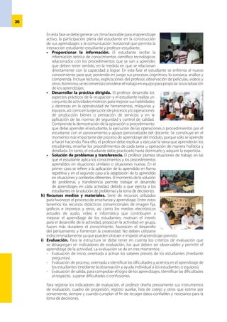 37Capítulo 5
Orientación para la práctica
pre-profesional
En el desarrollo del módulo ocupacional, el profesor debe programar las acciones de la práctica pre-profesional,
que tiene por finalidad complementar y consolidar la formación modular adquirida en el desarrollo del
módulo, así como ejercitar el desempeño del estudiante en una situación real de trabajo para integrarse al
ámbito laboral.
Al finalizar la formación específica y complementaria del módulo, el estudiante deberá haber adquirido los
conocimientos, habilidades y técnicas necesarias de las capacidades del módulo como:
•	 Interpretar y comprobar la información técnica en los procesos de producción y/o prestación de servicios.
•	 Preparar la maquinaria, materias primas y los elementos intercambiables que intervienen en la producción
y/o prestación de servicios.
•	 Conducir la máquina, obtener primeras pruebas y muestras para corregir defectos, anotando las anomalías.
•	 Proponer posibles mejoras en los procedimientos y modos operativos que emplea en el desarrollo de su trabajo.
•	 Poseer una visión de conjunto y coordinada de las fases del proceso productivo y/o prestación de servicios
en el que está involucrado.
•	 Adaptarse al puesto de trabajo y nuevas situaciones laborales generadas como 			
consecuencia de los cambios productivos.
•	 Mantener relaciones fluidas con los miembros del grupo funcional en el que está integrado, colaborar en la
consecución de los objetivos asignados al grupo, respetar el trabajo de los demás, participar activamente
en la organización y desarrollo de tareas colectivas, cooperar en la superación de las dificultades que se
presenten, con una actitud tolerante hacia las ideas de sus compañeros varones y mujeres.
En la ficha final de la práctica pre-profesional, el profesor deberá introducir criterios de la capacidad técnica,
organización y ejecución de la práctica y las actitudes o habilidades sociales.
En los indicadores de la capacidad técnica, conocimiento e interpretación, asimilación y seguimiento de las
instrucciones para lograr un producto o servicio de calidad, se propone indicadores de habilidad que se han
establecido observando los pasos que debe seguir el estudiante una vez recibidas las instrucciones de trabajo.
Para el seguimiento de la ejecución de la práctica, se consideran indicadores de organización del trabajo,
organización de espacios o áreas de trabajo, oportunidad en el uso de equipos y herramientas y observar las
normas de seguridad, orden e higiene de los procesos productivos o de servicios, que garanticen el resultado
eficiente del trabajo.
Las actitudes o habilidades sociales se reportan a través de indicadores que reflejan la actitud del estudiante
ante el trabajo, la capacidad de trabajar en equipo, reconocer y respetar las habilidades y propuestas de sus
pares, en situaciones inducidas por el tutor o por iniciativa propia: la responsabilidad sobre los equipos y
herramientas a su cargo, el cumplimiento de horarios, asistencia y, finalmente, su capacidad de liderazgo
a través de emprendimientos y conductas proactivas que reflejen una actitud positiva y de interés ante el
trabajo y su práctica.
5.1 	Práctica pre-profesional
Es un componente del módulo ocupacional a cargo del profesor del módulo y que deben realizar
los estudiantes de Educación Técnico-Productiva como parte de su formación modular. Es requisito
imprescindible para obtener la certificación del módulo.
 