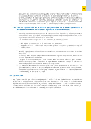 40
Glosario
1.	 Actividades de aprendizaje. Acciones que realiza un profesor para crear un ambiente que facilite el
aprendizaje de los estudiantes. Diseñar experiencias de aprendizaje es una actividad difícil de planear al
requerir conocimientos de didáctica y teorías del aprendizaje.
2. 	 Capacidades. Son potencialidades inherentes a la persona que se desarrollan a lo largo de toda su vida,
dando lugar a la determinación de los logros educativos. Se cimentan en la interrelación de procesos
cognitivos, socioafectivos y motores. En la Educación Técnico-Productiva se desarrollarán dos tipos de
capacidades durante los módulos: específicas y terminales.
3. 	 Capacidades terminales de los módulos. Sintetizan las habilidades para desempeñarse durante
la ejecución de tareas o procesos de producción de un bien o servicio, en un puesto de trabajo
determinado.
4.	 Conflicto cognitivo. Situación que se produce en el aprendizaje, caracterizada por la contradicción
entre lo que el sujeto sabe y entiende de la realidad y la nueva información que recibe, lo que produce
un choque en su estructura cognitiva y la modifica.
5.	 Conocimientos previos. Conjunto de concepciones, representaciones y significados que los alumnos
poseen, en relación con los distintos contenidos de aprendizaje propuestas para su asimilación y
construcción.
6.	 Competencia laboral. Capacidad productiva de un individuo que se define y mide en términos de
desempeño en un determinado contexto laboral, y que moviliza conocimientos, habilidades, destrezas
y actitudes para la realización de un trabajo efectivo, idóneo y de calidad en una situación real de
trabajo.
7. 	 Dominio. Conjunto de conocimientos, habilidades, destrezas, actitudes u otros rasgos que tiene como
propiedades: los límites, la extensión y la definición; de tal modo que puede establecerse la pertenencia
de un reactivo a ese conjunto o dominio, o diferenciarse de otro reactivo del mismo.
8.	 Estilos de aprendizaje. Rasgos cognitivos, afectivos y fisiológicos que sirven como indicadores
relativamente estables acerca de cómo los aprendices perciben, interaccionan y responden a un
ambiente de aprendizaje.
9.	 Eficacia. Logro de los propósitos o metas de una evaluación o de un programa, así como de los
procedimientos utilizados para desempeñar determinadas funciones.
10.	 Eficiencia. Capacidad para lograr los objetivos propuestos con el menor esfuerzo y costo posibles, al
utilizar adecuadamente los recursos disponibles.
11. 	 Habilidad. Características de una persona que indican su poder físico o mental para desarrollar ciertas
tareas dentro de un determinado campo de desempeño.
12.	 Logro. Relación entre los resultados obtenidos en una evaluación y los objetivos planteados en la
misma, dando cuenta del desempeño del objeto de evaluación y la efectividad del proceso.
 