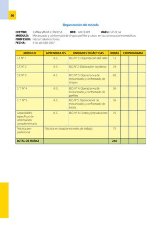 51
Programación curricular del módulo
I.	 INFORMACIÓN GENERAL.
CETPRO:	 ANA MARIA CONDESA DRE: Arequipa 		 UGEL : Castilla
MÓDULO:	 Mecanizado y conformado de chapas, perfiles y tubos en las construcciones de estructuras
metálicas
PROFESOR:	 Héctor Sabelino Torres					 HORAS: 250
FECHA:	 3 de abril del 2007
II.	 UNIDAD DE COMPETENCIA.
	 Realizar construcciones de estructuras metálicas simples, aplicando técnicas en los procesos de fabricación
y las normas de seguridad para la obtención de productos de calidad que demanda el mercado laboral.
III.	 CAPACIDADES DEL MÓDULO
a.	 Organiza las áreas de trabajo en el taller de construcción de estructuras metálicas .
b.	 Interpreta planos para la construcción de estructuras metálicas, de conformidad a las especificaciones
técnicas.
c.	 Realiza operaciones de mecanizado y conformado de chapas en la construcción de estructuras
metálicas.
d.	 Realiza operaciones de mecanizado y conformado de perfiles en la construcción de estructuras
metálicas.
e.	 Realiza operaciones de mecanizado y conformado de tubos en la construcción de estructuras
metálicas.
f.	 Elabora costos y presupuestos de proyectos en construcciones metálicas.	
	
IV.	 CONTENIDOS
a) Específicos:
1. Organización del trabajo
•	 Organización de materiales, insumos, herramientas, elementos de seguridad e higiene.
•	 Técnicas de medición Instrumentos de medición y control.
•	 Control de las condiciones operativas del equipo de corte y plegado, las herramientas,
instrumentos de medición y el material base.
•	 Procedimiento de soldadura por arco eléctrico.
2. Interpretación de diseños
•	 Introducción al dibujo técnico.
•	 Aplicación del dibujo en bocetos, croquis, diseño y planos. técnicas de diseño .
•	 Interpretación de documentación técnica
3. Operaciones de mecanizado y conformado de chapas
•	 Medios, equipos e instrumentos de mecanizado.
•	 Procedimientos de medición.
•	 Técnica operatorias de mecanizado de chapas.
•	 Construcción de plantillas de trazado y aplicación práctica.
•	 Defectos en el trazado y sus consecuencias.
4. Operaciones de mecanizado y conformado de perfiles
•	 Principios del mecanizado.
•	 Con arranque de viruta, sin arranque de viruta.
•	 Equipos medios y herramientas para las operaciones de mecanizado de chapas, perfiles y
elementos.
•	 Técnicas operatorias y aplicación práctica.
5. Operaciones de mecanizado y conformado de tubos
• 	 Equipos y medios empleados en las operaciones de conformado de tubos.
•	 Técnicas operatorias. Imperfecciones del proceso.
•	 Plantillas de conformado.
•	 Conformado y enderezado en frío.
•	 Normas de uso y seguridad.
•	 Aplicaciones prácticas.
 