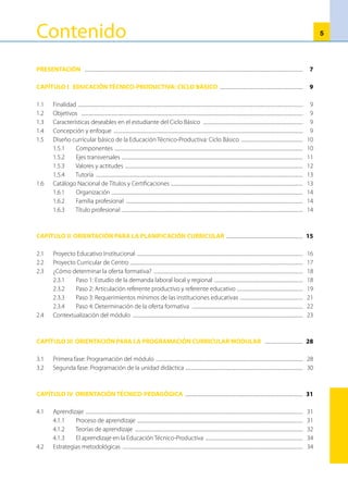 4.3	 Programación de la actividad de aprendizaje .........................................................................................................................	 35
	 4.3.1 Ficha de Actividad ................................................................................................................................................................	 35
	 4.3.2 Procedimiento para elaborar la Ficha de Actividad .........................................................................................	 35
	
CAPÍTULO V. ORIENTACIÓN PARA LA PRÁCTICA PRE-PROFESIONAL .....................................................................	 37
5.1	 Práctica pre-profesional ........................................................................................................................................................................	 37
5.2	 Objetivos .........................................................................................................................................................................................................	 38
5.3	 Duración .........................................................................................................................................................................................................	 38
5.4	 Características ..............................................................................................................................................................................................	 38
5.5	 Organización ................................................................................................................................................................................................	 38
	 5.5.1 	 Recomendaciones para la organización de la práctica pre-profesional en el mismo CETPRO,
		 el profesor deberá tener en cuenta las siguientes recomendaciones.......................................................	 38
	 5.5.2	 Recomendaciones para la organización de la práctica pre-profesional en el sector
		 productivo, el profesor deberá tener en cuenta las siguientes recomendaciones...........................	 39
5.6	 Los informes .................................................................................................................................................................................................	 39
GLOSARIO 	.................................................................................................................................................................................................................	 40
BIBLIOGRAFÍA ........................................................................................................................................................................................................	 42
ANEXOS: 	 .................................................................................................................................................................................................................	 44
Catálogo Nacional de Títulos y Certificaciones: Propuesta modular
Programaciones modulares
Proyectos productivos
 