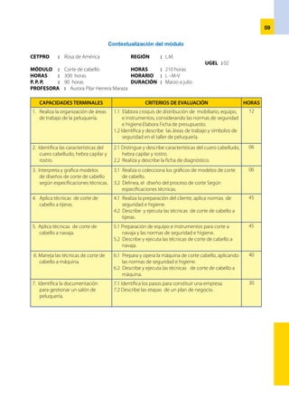 60
Determinación de contenidos básicos
CETPRO 	 : Rosa de América	 REGIÓN	 : 	 L.M. 	 UGEL 	 : 	 02
MÓDULO	 : Corte de cabello	 HORAS	 :	 300 	 HORARIO 	 : 	 L, M y V
P. P. P. 	 : 90 horas	 DURACIÓN	:	 Marzo a julio		
PROFESORA	: Aurora Pilar Herrera Maraza
CONTENIDOS ESPECÍFICOS CONTENIDOS COMPLEMENTARIOS
1.	 Taller de peluquería: Definición, tipos, condiciones
y presentación, Áreas de trabajo, zonas de
seguridad, organización de equipo, herramientas
y otros .Desarrolla la ficha de presupuesto.
2.	 Característicasdelcuerocabelludoyhebracapilar;
partes, capas, crecimiento, composición química,
propiedades, Morfología: Definición, formas del
rostro, perfil, craneo. Recomendaciones para el
cuidado del cabello.
3.	 Diferencia modelos de corte. Interpretación de
diseños de corte de corte de cabello.
4.	 Técnica de corte de cabello a tijeras: lavado y
partición del cabello según el corte, selecciona el
estilo de corte, utiliza mecha guía, ejecución del
corte.Verificación del control de calidad y proceso
de acabado.
5.	 Tendencia y estilo del corte de cabello a navaja.
Técnicas del proceso de corte navaja.Verificación
del control de calidad y proceso de acabado.
6.	 Tendencia y estilo del corte de cabello a máquina.
Técnica del procedimiento de corte cabello a
maquina. Verificación del control de calidad y
proceso de acabado.
1.	 La Empresa: Definición, aspecto de una empresa,
constitución de una empresa.
2.	 Plan de negocio: Definición, importancia, ¿Cómo
elaborar un Plan de Negocio?
3.	 Mercado: concepto, segmentación, Cliente.
4. Actividades laborales y profesionales.
5. Salud Laboral. Concepto. Condiciones de Trabajo
y seguridad.
6. Principales factores de accidentes.
 