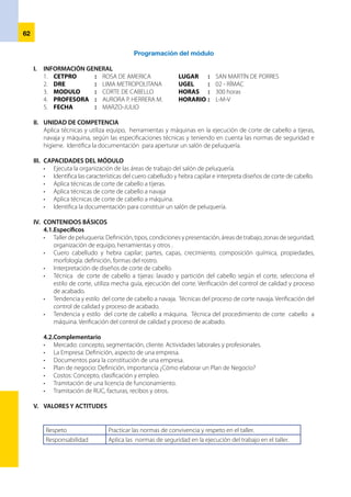 63
VI.	 EJES TRANSVERSALES
•	 Educación Medio ambiente
•	 Educación Intercultural
VI.	 ORGANIZACIÓN DE LAS UNIDADES DIDÁCTICAS
Unidad didáctica Nº 01	 Organización del taller de peluquería.
Unidad didáctica Nº 02 	Estudio de cuero, hebra capilar y técnicas de diseño de corte. Interpreta modelos
y elabora diseños según especificaciones técnicas.
Unidad didáctica Nº 03 	Servicio de Corte de cabello a tijeras.
Unidad didáctica Nº 04 	Servicio de Corte de cabello a navaja.
Unidad didáctica Nº 05 	Servicio de Corte de cabello a máquina.
Unidad didáctica Nº 06 	 Constitución de un salón de peluquería.
VIII. ESTRATEGIAS METODOLÓGICAS
•	 Método de proyectos.
•	 Método demostrativo.
•	 Estudio dirigido.
•	 Técnicas grupales.
•	 Dinámicas motivacionales.
	
IX.	 ORIENTACIONES PARA LA EVALUACIÓN
•	 La evaluación será permanente e integral.
•	 En cada unidad didáctica se evaluará los indicadores de evaluación.
•	 La evaluación de las capacidades se realizará mediante los criterios de evaluación.
•	 La evaluación de valores y actitudes será cualitativa y se realizará en una ficha de seguimiento de
actitudes.
X.	 MEDIOS Y MATERIALES
•	 Fólder y papel bond tamaño A4.
•	 Lápiz, tajador y borrador.
•	 Materiales para los proyectos.
•	 Papelógrafos.
•	 Plumones de papel.
•	 Cinta masking tape (adhesivo).
•	 Equipo de corte de cabello.
•	 Mobiliario de corte de cabello
XI.	 BIBLIOGRAFÍA
•	 Catálogo Nacional de Títulos y Certificaciones.
•	 Peluquería I – Autor: E. Augé y M- Cole España
•	 Revista Estilo - Revista Pelo y otros.
 