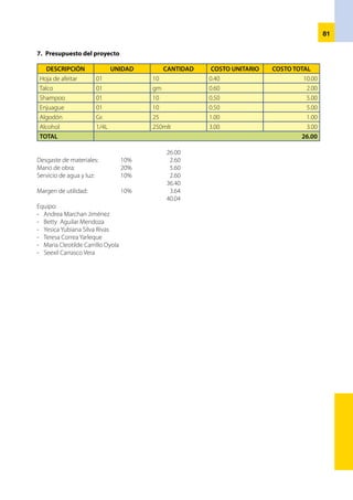 82
Perfil del proyecto
NOMBRE DEL PROYECTO	 : 	 Elaboración de chocotejas
UBICACIÓN	 : 	 La Cruz - Tumbes
ENTIDAD EJECUTORA	 : 	 CETPRO Nº 014 José Olaya Balandra
RESPONSABLES	 : 	 Odalia Marchan Jiménez
		 Noemí Gines Morocho
1.	 Descripción del proyecto
	 Elaboración de chocotejas es un proyecto que permitirá desarrollar las
habilidades y destrezas del módulo de chocolatería, aprovechando los
recursos de la región como es el cacao y oros insumos que sirven para
la ejecución del proyecto, a la vez que se promoverán las expo ferias.
	 El CETPRO Nº 014 “José Olaya Balandra”, cuenta con el equipamiento
y utensilios para el desarrollo del proyecto, así como al personal
calificado que asesorará a los estudiantes, de igual manera se pretende
el incremento de los recursos económicos de la institución como un
fondo rotatorio.
2.	 Propósito y resultados del proyecto
	 El Proyecto de Elaboración de Chocotejas tiene como propósito promover la producción de productos
alimenticios, considerando la equidad de género.
•	 Desarrollar habilidades y destrezas en la elaboración de Chocotejas.
•	 Propiciar las expo ferias, facilitando la generación de ingresos económicos difundiendo las
potencialidades y capacidades del CETPRO.
•	 La meta de producción considera la elaboración de 100 Chocotejas que serán comercializadas en la
Cruz
•	 Las estudiantes del Modulo de chocolatería – Metas de ocupación serán monitoreadas por el docente
responsable del módulo y se desarrollará en el taller de la especialidad.
3.	 Estrategias de ejecución del proyecto
	 Este Proyecto Elaboración de Chocotejas será ejecutado dentro de la practica Pre-profesional del módulo
de Chocolatería desarrollado en el ciclo básico.
	 Participan 20 estudiantes mujeres asistidos y monitoreados por el docente técnica del módulo o
especialidad.
4. 	Actividades
•	 Elaboración y presentación del proyectos productivo.
•	 Formación de equipos y designación de responsable de las actividades.
•	 Habilitación y mantenimientos de equipos y utensilios.
•	 Adquisición de moldes.
•	 Selección y adquisición de insumos
•	 Elaboración de las chocotejas.
•	 Realización de expo feria.
•	 Informe documentado del avance de actividades y logros de metas del proyectos.
•	 Evaluación e informe final.
5.	 Período de ejecución del proyecto
	 El proyecto se ejecutará en los talleres del CETPRO se inicia el 11 de diciembre del 2006 y termina el 29 de
diciembre del 2006.
 