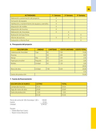 84
Perfil del proyecto
Nombre del Proyecto	 : 	 Tinturación de cabello
Ubicación	 : 	 Mz C8 Lote 12
Entidad ejecutora	 : 	 CETPRO 008“RODEN”
Responsable 	 : 	 Profesora y estudiantes
1.	 Descripción del proyecto
	 El proyecto de ofertar el servicio de tinturación de cabello, aprovechando las fechas
festivas de la localidad como la feria patronal en la que la mayoría de personas se
prepara para acudir a las actividades que se programan y desean lucir espléndidas,
aprovechando el potencial humano con que cuenta el CETPRO N° 008 en la
especialidad de cosmetología, habiéndose desarrollado el módulo en mención del
servicio, disponiendo a demás de equipos básicos y ubicación geográfica propicia,
queriendo asimismo que los estudiantes afiancen los conocimientos adquiridos en
el aula y ahora ofreciendo el servicio a la población para que valore y reconozca el
desenvolvimiento de los mismos.
2.	 Propósito y resultados del proyecto
	 El Proyecto es reforzar los conocimientos técnicos, habilidades del estudiante, involucrarlos en el quehacer
cotidiano y mida sus capacidades, observe y trate directamente con el cliente y vea la necesidad de
actualizarse y sentirse útil a la sociedad. El proyecto se elabora en función a la demanda del servicio por la
feria patronal en vista que el servicio que ofertamos es cómodo (costo), y con la garantía de realizarlo bien.
3.	 Estrategias de ejecución del proyecto
	 El Proyecto se ejecutará dentro de la practica Pre-profesional (45) del modulo de Tinturación (150)
desarrollado en el ciclo medio. Participarán 20 estudiantes quienes serán monitoreados por la profesora de
la especialidad en el horario tarde acumulando 30 horas semanales.
4. 	Actividades
•	 Exposición con participación: UGEL/ Municipio
•	 Conformación del equipo de trabajo y responsables de las actividades según las
	 metas y cronogramas.
•	 Habilitación y mantenimientos de equipo y herramientas.
•	 Selección y adquisición de productos y metas de atención.
•	 Brindar servicio a la población.
•	 Informe documentado del avance de actividad y logros metas.
•	 Evaluación e informe final.
5.	 Periodo de ejecución del proyecto
	 El proyecto: Tinturación del cabello será realizado con los estudiantes del modulo en el frontis del
CETPRO 008 en la que tiene una duración de 45 horas de la Practica Pre-Profesional inicio el 30 de agosto
del 2006 y termino el 8 de setiembre del 2006.
6.	 Cronograma de actividades.
 