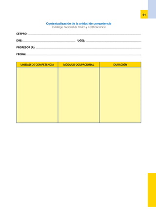 92
Contextualización del módulo
(Catálogo Nacional de Títulos y Certificaciones)
CETPRO: .................................................................................................................................................................................................................................
DRE: ........................................................................................................ UGEL: ..............................................................................................................
PROFESOR (A): ..................................................................................................................................................................................................................
FECHA: ....................................................................................................................................................................................................................................
CAPACIDADES TERMINALES CRITERIOS DE EVALUACIÓN HORAS
 