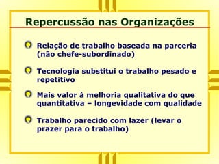 Trabalho parecido com lazer (levar o
prazer para o trabalho)
Repercussão nas Organizações
Relação de trabalho baseada na parceria
(não chefe-subordinado)
Tecnologia substitui o trabalho pesado e
repetitivo
Mais valor à melhoria qualitativa do que
quantitativa – longevidade com qualidade
 