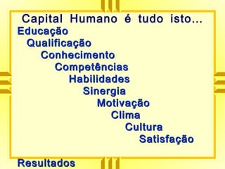 EducaçãoEducação
QualificaçãoQualificação
ConhecimentoConhecimento
CompetênciasCompetências
HabilidadesHabilidades
SinergiaSinergia
MotivaçãoMotivação
ClimaClima
CulturaCultura
SatisfaçãoSatisfação
ResultadosResultados
...Capital Humano é tudo isto
 