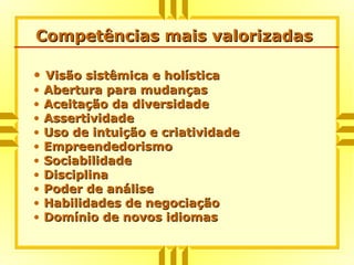 Competências mais valorizadasCompetências mais valorizadas
• Visão sistêmica e holísticaVisão sistêmica e holística
• Abertura para mudançasAbertura para mudanças
• Aceitação da diversidadeAceitação da diversidade
• AssertividadeAssertividade
• Uso de intuição e criatividadeUso de intuição e criatividade
• EmpreendedorismoEmpreendedorismo
• SociabilidadeSociabilidade
• DisciplinaDisciplina
• Poder de análisePoder de análise
• Habilidades de negociaçãoHabilidades de negociação
• Domínio de novos idiomasDomínio de novos idiomas
 