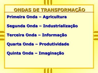 Primeira Onda – AgriculturaPrimeira Onda – Agricultura
Segunda Onda – IndustrializaçãoSegunda Onda – Industrialização
Terceira Onda – InformaçãoTerceira Onda – Informação
Quarta Onda – ProdutividadeQuarta Onda – Produtividade
Quinta Onda – ImaginaçãoQuinta Onda – Imaginação
ONDAS DE TRANSFORMAÇÃOONDAS DE TRANSFORMAÇÃO
 