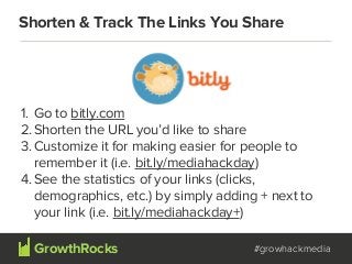 Shorten & Track The Links You Share
#growhackmedia
1. Go to bitly.com
2. Shorten the URL you’d like to share
3. Customize ...