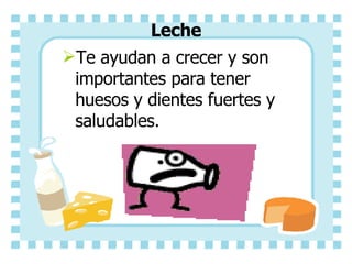Leche Te ayudan a crecer y son importantes para tener huesos y dientes fuertes y saludables.