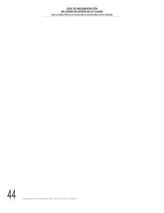 GUÍA DE IMPLEMENTACIÓN
                                          DEL SISTEMA DE GESTIÓN DE LA CALIDAD
                               BAJO LA NORMA TÉCNICA DE CALIDAD PARA LA GESTIÓN PÚBLICA NTCGP 1000:2004




44   Departamento Administrativo de la Función Pública
 