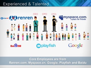CEO   CPO   CTO




            Core Employees are from
Renren.com, Myspace.cn, Google, Playfish and Baidu
 