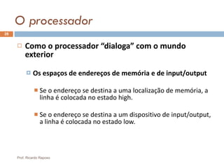 O processador Como o processador “dialoga” com o mundo exterior Os espaços de endereços de memória e de input/output Se o endereço se destina a uma localização de memória, a linha é colocada no estado high. Se o endereço se destina a um dispositivo de input/output, a linha é colocada no estado low. Prof. Ricardo Raposo 