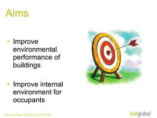 Aims Improve environmental performance of buildings Improve internal environment for occupants 