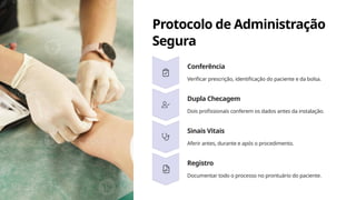 Protocolo de Administração
Segura
Conferência
Verificar prescrição, identificação do paciente e da bolsa.
Dupla Checagem
Dois profissionais conferem os dados antes da instalação.
Sinais Vitais
Aferir antes, durante e após o procedimento.
Registro
Documentar todo o processo no prontuário do paciente.
 