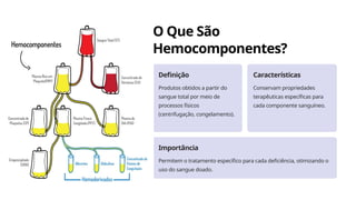 O Que São
Hemocomponentes?
Definição
Produtos obtidos a partir do
sangue total por meio de
processos físicos
(centrifugação, congelamento).
Características
Conservam propriedades
terapêuticas específicas para
cada componente sanguíneo.
Importância
Permitem o tratamento específico para cada deficiência, otimizando o
uso do sangue doado.
 