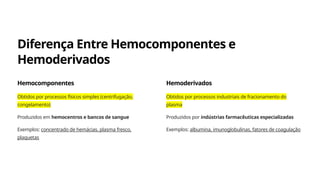 Diferença Entre Hemocomponentes e
Hemoderivados
Hemocomponentes
Obtidos por processos físicos simples (centrifugação,
congelamento)
Produzidos em hemocentros e bancos de sangue
Exemplos: concentrado de hemácias, plasma fresco,
plaquetas
Hemoderivados
Obtidos por processos industriais de fracionamento do
plasma
Produzidos por indústrias farmacêuticas especializadas
Exemplos: albumina, imunoglobulinas, fatores de coagulação
 
