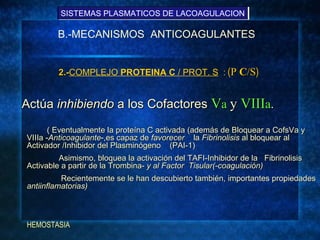 B.-MECANISMOS  ANTICOAGULANTES 2.- COMPLEJO  PROTEINA C  / PROT. S   :   ( P  C /S )   Actúa  inhibiendo  a los Cofactores...