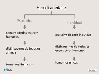 Hereditariedade
Genética
Específica
comum a todos os seres
humanos
distingue-nos de todos os
animais
torna-nos Humanos
Individual
exclusiva de cada indivíduo
distingue-nos de todos os
outros seres humanos
torna-nos únicos
 