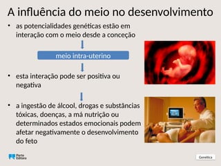 • as potencialidades genéticas estão em
interação com o meio desde a conceção
• esta interação pode ser positiva ou
negativa
• a ingestão de álcool, drogas e substâncias
tóxicas, doenças, a má nutrição ou
determinados estados emocionais podem
afetar negativamente o desenvolvimento
do feto
meio intra-uterino
A influência do meio no desenvolvimento
Genética
 
