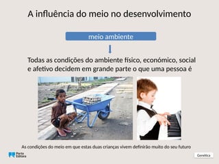 As condições do meio em que estas duas crianças vivem definirão muito do seu futuro
meio ambiente
A influência do meio no desenvolvimento
Todas as condições do ambiente físico, económico, social
e afetivo decidem em grande parte o que uma pessoa é
Genética
 
