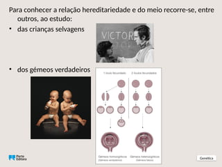 Para conhecer a relação hereditariedade e do meio recorre-se, entre
outros, ao estudo:
• das crianças selvagens
Genética
• dos gémeos verdadeiros
 