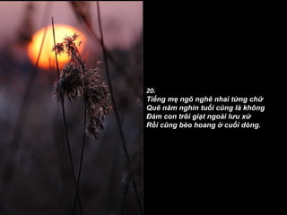 20. Tiếng mẹ ngô nghê nhai từng chữ Quê năm nghìn tuổi cũng là không Ðám con trôi giạt ngoài lưu xứ Rồi cũng bèo hoang ở cuối dòng.   