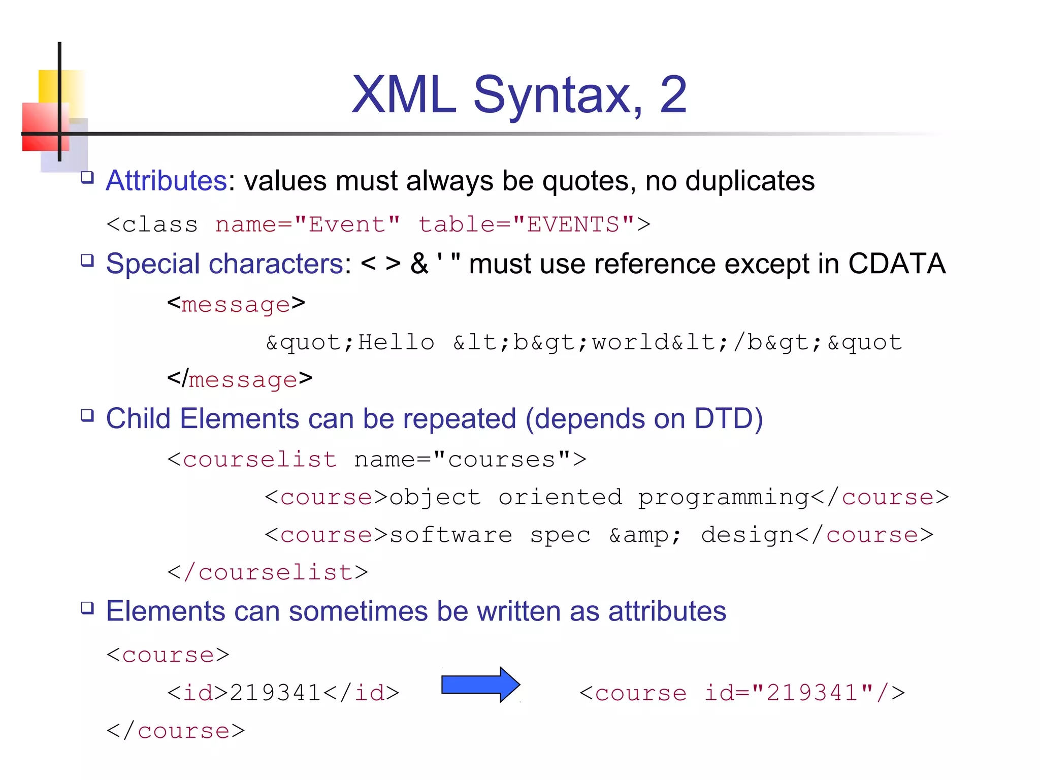 XML Syntax, 2
 Attributes: values must always be quotes, no duplicates
<class name="Event" table="EVENTS">
 Special characters: < > & ' " must use reference except in CDATA
<message>
&quot;Hello &lt;b&gt;world&lt;/b&gt;&quot
</message>
 Child Elements can be repeated (depends on DTD)
<courselist name="courses">
<course>object oriented programming</course>
<course>software spec &amp; design</course>
</courselist>
 Elements can sometimes be written as attributes
<course>
<id>219341</id> <course id="219341"/>
</course>
 