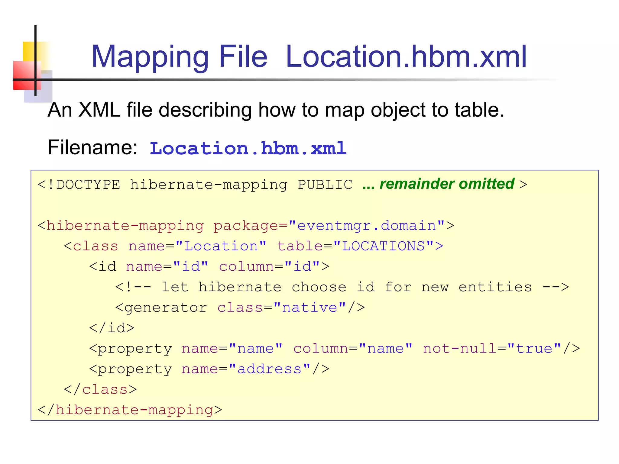 Mapping File Location.hbm.xml
An XML file describing how to map object to table.
Filename: Location.hbm.xml
<!DOCTYPE hibernate-mapping PUBLIC ... remainder omitted >
<hibernate-mapping package="eventmgr.domain">
<class name="Location" table="LOCATIONS">
<id name="id" column="id">
<!-- let hibernate choose id for new entities -->
<generator class="native"/>
</id>
<property name="name" column="name" not-null="true"/>
<property name="address"/>
</class>
</hibernate-mapping>
 