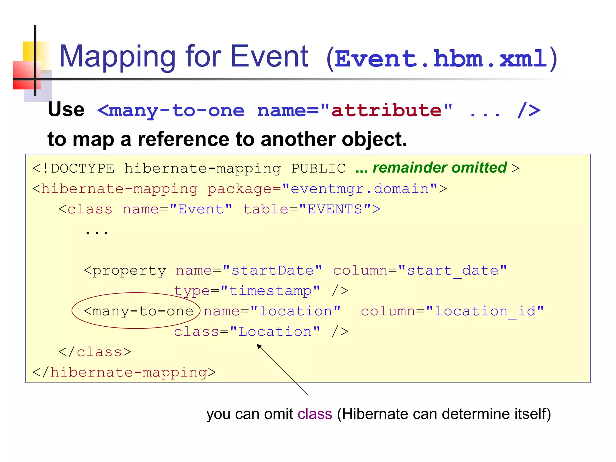 Mapping for Event (Event.hbm.xml)
Use <many-to-one name="attribute" ... />
to map a reference to another object.
<!DOCTYPE hibernate-mapping PUBLIC ... remainder omitted >
<hibernate-mapping package="eventmgr.domain">
<class name="Event" table="EVENTS">
...
<property name="startDate" column="start_date"
type="timestamp" />
<many-to-one name="location" column="location_id"
class="Location" />
</class>
</hibernate-mapping>
you can omit class (Hibernate can determine itself)
 