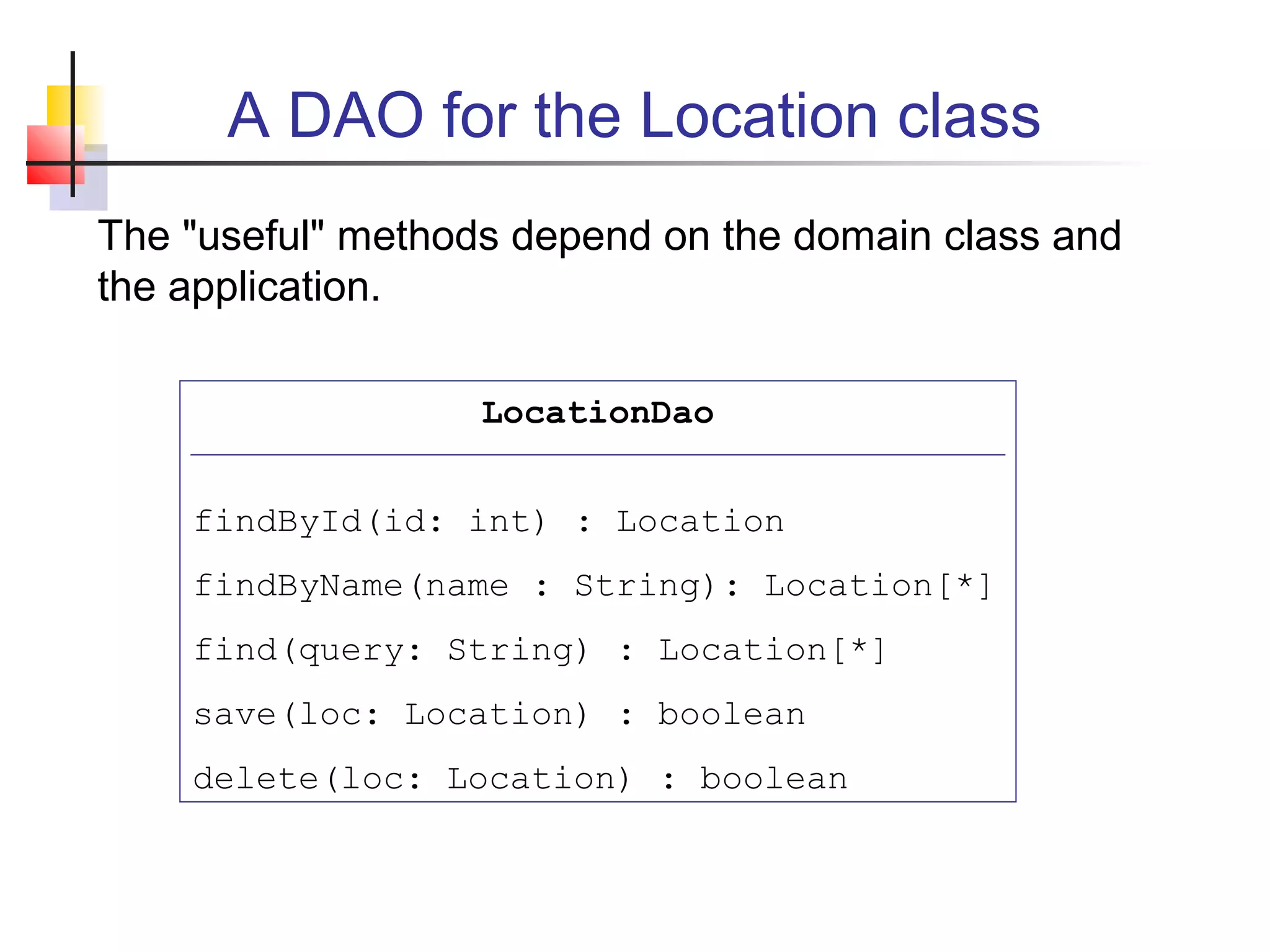 A DAO for the Location class
The "useful" methods depend on the domain class and
the application.
LocationDao
findById(id: int) : Location
findByName(name : String): Location[*]
find(query: String) : Location[*]
save(loc: Location) : boolean
delete(loc: Location) : boolean
 