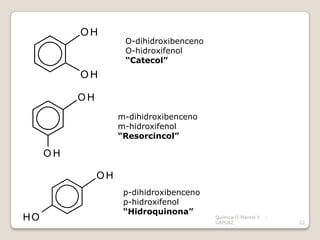 OH
                     O-dihidroxibenceno
                     O-hidroxifenol
                     “Catecol”
          OH

          OH
                    m-dihidroxibenceno
                    m-hidroxifenol
                    “Resorcincol”

     OH

               OH
                     p-dihidroxibenceno
                     p-hidroxifenol
                     “Hidroquinona”
HO                                        Química II Plantel V
                                          UAPUAZ
                                                                 -
                                                                     22
 