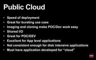 Public Cloud
• Speed of deployment
• Great for bursting use case
• Imaging and cloning make POC/Dev work easy
• Shared I/O
• Great for POC/DEV
• Excellent for App level applications
• Not consistent enough for disk intensive applications
• Must have application developed for “cloud”
 