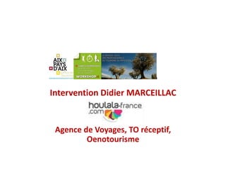 Intervention Didier MARCEILLAC

Agence de Voyages, TO réceptif,
Oenotourisme

 
