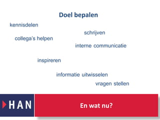 Doel bepalenkennisdelenschrijven collega’s helpeninternecommunicatieinspirereninformatieuitwisselenvragenstellenEn wat nu? 