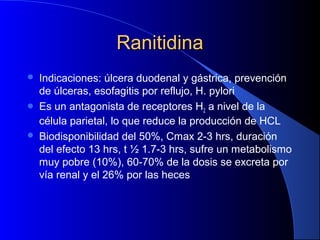 RanitidinaRanitidina
 Indicaciones: úlcera duodenal y gástrica, prevención
de úlceras, esofagitis por reflujo, H. pylori
 Es un antagonista de receptores H2 a nivel de la
célula parietal, lo que reduce la producción de HCL
 Biodisponibilidad del 50%, Cmax 2-3 hrs, duración
del efecto 13 hrs, t ½ 1.7-3 hrs, sufre un metabolismo
muy pobre (10%), 60-70% de la dosis se excreta por
vía renal y el 26% por las heces
 