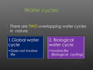    There are TWO overlapping water cycles
    in nature.
 