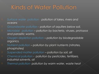    Surface water pollution - pollution of lakes, rivers and
    oceans
   Groundwater pollution - pollution of aquifers below soil.
   Microbial pollution – pollution by bacteria, viruses, protozoa
    and parasitic worms.
   Oxygen depletion pollution – pollution by biodegradable
    organics.
   Nutrient pollution – pollution by plant nutrients (nitrates,
    phosphates)
   Suspended matter pollution – pollution by soil, silt
   Chemical pollution - pollution by pesticides, fertilizers,
    industrial solvents, oil
   Thermal pollution- pollution by warm water, waste heat
 