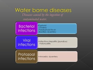 Diseases caused by the ingestion of
contaminated water.
 