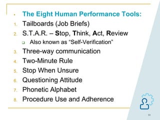 14
• The Eight Human Performance Tools:
1. Tailboards (Job Briefs)
2. S.T.A.R. – Stop, Think, Act, Review
 Also known as “Self-Verification”
3. Three-way communication
4. Two-Minute Rule
5. Stop When Unsure
6. Questioning Attitude
7. Phonetic Alphabet
8. Procedure Use and Adherence
 