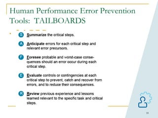 18
Human Performance Error Prevention
Tools: TAILBOARDS
• S.A.F.E.R
 