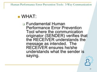 29
Human Performance Error Prevention Tools: 3-Way Communication
 WHAT:
 Fundamental Human
Performance Error Prevention
Tool where the communication
originator (SENDER) verifies that
the RECEIVER understands the
message as intended. The
RECEIVER ensures he/she
understands what the sender is
saying.
 