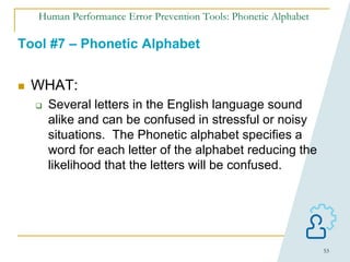 53
Human Performance Error Prevention Tools: Phonetic Alphabet
Tool #7 – Phonetic Alphabet
 WHAT:
 Several letters in the English language sound
alike and can be confused in stressful or noisy
situations. The Phonetic alphabet specifies a
word for each letter of the alphabet reducing the
likelihood that the letters will be confused.
 