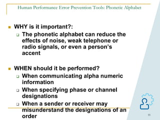 55
Human Performance Error Prevention Tools: Phonetic Alphabet
 WHY is it important?:
 The phonetic alphabet can reduce the
effects of noise, weak telephone or
radio signals, or even a person’s
accent
 WHEN should it be performed?
 When communicating alpha numeric
information
 When specifying phase or channel
designations
 When a sender or receiver may
misunderstand the designations of an
order
 