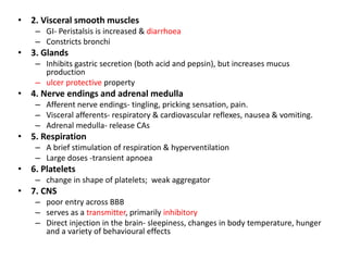 • 2. Visceral smooth muscles
– GI- Peristalsis is increased & diarrhoea
– Constricts bronchi
• 3. Glands
– Inhibits gastric secretion (both acid and pepsin), but increases mucus
production
– ulcer protective property
• 4. Nerve endings and adrenal medulla
– Afferent nerve endings- tingling, pricking sensation, pain.
– Visceral afferents- respiratory & cardiovascular reflexes, nausea & vomiting.
– Adrenal medulla- release CAs
• 5. Respiration
– A brief stimulation of respiration & hyperventilation
– Large doses -transient apnoea
• 6. Platelets
– change in shape of platelets; weak aggregator
• 7. CNS
– poor entry across BBB
– serves as a transmitter, primarily inhibitory
– Direct injection in the brain- sleepiness, changes in body temperature, hunger
and a variety of behavioural effects
 