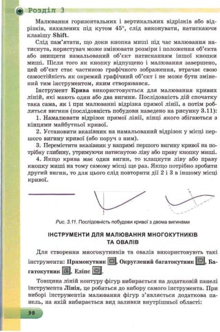 ♦ Розділ З
Малювання горизонтальних і вертикальних відрізків або від­
різків, нахилених під кутом 45°, слід виконувати, натискаючи
клавішу Shift.
Слід пам’ятати, що доки кнопка миші під час малювання на-
тиснута, користувач може змінювати розміри і положення об’єкта
або знищити намальований об’єкт натисканням іншої кнопки
миші. Після того як кнопку відпущено і малювання завершено,
цей об’єкт стає частиною графічного зображення, втрачає свою
самостійність як окремий графічний об’єкт і не може бути зміне­
ний тим інструментом, яким створювався.
Інструмент Крива використовується для малювання кривих
ліній, які мають один або два вигини. Послідовність дій спочатку
така сама, як і при малюванні відрізка прямої лінії, а потім роб­
ляться вигини (послідовність побудови наведено на рисунку 3.11):
1. Намалювати відрізок прямої лінії, кінці якого збігаються з
кінцями майбутньої кривої.
2. Установити вказівник на намальований відрізок у місці пер­
шого вигину кривої (або поруч з ним).
3. Перемістити вказівник у напрямі першого вигину кривої на по­
трібну глибину, утримуючи натиснутою ліву або праву кнопку миші.
4. Якщо крива має один вигин, то клацнути ліву або праву
кнопку миші на тому самому місці ще раз. Якщо потрібно зробити
другий вигин, то для цього слід повторити дії 2 і 3 в іншому місці
кривої.
Рис. 3.11. Послідовність побудови кривої з двома вигинами
ІНСТРУМЕНТИ ДЛЯ М АЛЮ ВАННЯ МНОГОКУТНИКІВ
ТА ОВАЛІВ
Для створення многокутників та овалів використовують такі
інструменти: Прямокутник [д], Округлений багатокутник [ ^ . Б а ­
гатокутник |Д |. Еліпс І ° і .
Товщина ліній контуру фігур вибирається на додатковій панелі
інструмента Лінія, це робиться до вибору самого інструмента. При
виборі інструментів малювання фігур з’являється додаткова па­
нель, на якій вибирається вид заливки внутрішньої області:
98
 