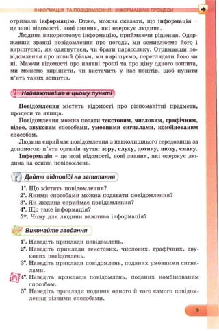 отримала інформацію. Отже, можна сказати, що інформація -
це нові відомості, нові знання, які одержує людина.
Людина використовує інформацію, приймаючи рішення. Одер­
жавши вранці повідомлення про погоду, ми осмислюємо його і
вирішуємо, як одягнутися, чи брати парасольку. Отримавши по­
відомлення про новий фільм, ми вирішуємо, переглядати його чи
ні. Маючи відомості про наявні гроші та про ціну одного зошита,
ми можемо вирішити, чи вистачить у нас коштів, щоб купити
п’ять таких зошитів.
ІНФОРМАЦІЯ ТА ПОВІДОМЛЕННЯ. ІНФОРМАЦІЙНІПРОЦЕСИ
її Найважливіше в цьому пункті
Повідомлення містять відомості про різноманітні предмети,
процеси та явища.
Повідомлення можна подати текстовим, числовим, графічним,
відео, звуковим способами, умовними сигналами, комбінованим
способом.
Людина сприймає повідомлення з навколишнього середовища за
допомогою п’яти органів чуття: зору, слуху, дотику, нюху, смаку.
Інформація - це нові відомості, нові знання, які одержує лю­
дина на основі повідомлень.
Дайте відповіді на запитання
V. Що містять повідомлення?
2  Якими способами можна подавати повідомлення?
З*. Як людина сприймає повідомлення?
4*. Що таке інформація?
5*. Чому для людини важлива інформація?
Виконайте завдання
1°. Наведіть приклади повідомлень.
2*. Наведіть приклади текстових, числових, графічних, зву­
кових повідомлень.
3е. Наведіть приклади повідомлень, поданих умовними сигна­
лами.
{ Наведіть приклади повідомлень, поданих комбінованим
способом.
5е. Наведіть приклади подання одного й того самого повідом­
лення різними способами.
 