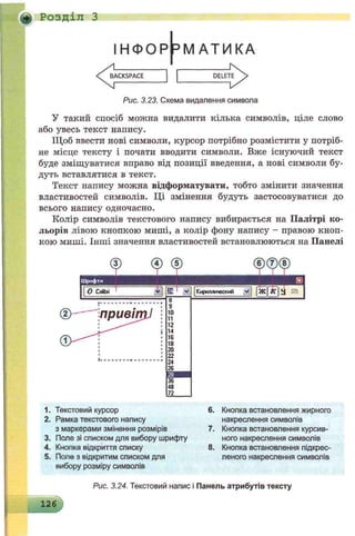 І НФОРРМАТИКА
+ Розділ З
Рис. 3.23. Схема видалення символа
У такий спосіб можна видалити кілька символів, ціле слово
або увесь текст напису.
Щоб ввести нові символи, курсор потрібно розмістити у потріб­
не місце тексту і почати вводити символи. Вже існуючий текст
буде зміщуватися вправо від позиції введення, а нові символи бу­
дуть вставлятися в текст.
Текст напису можна відформатувати, тобто змінити значення
властивостей символів. Ці змінення будуть застосовуватися до
всього напису одночасно.
Колір символів текстового напису вибирається на Палітрі ко­
льорів лівою кнопкою миші, а колір фону напису - правою кноп­
кою миші. Інші значення властивостей встановлюються на Панелі
1. Текстовий курсор 6. Кнопка встановлення жирного
2. Рамка текстового напису накреслення символів
з маркерами змінення розмірів 7. Кнопка встановлення курсив­
3. Поле зі списком для вибору шрифту ного накреслення символів
4. Кнопка відкриття списку 8. Кнопка встановлення підкрес­
5. Поле з відкритим списком для
вибору розміру символів
леного накреслення символів
Рис. 3.24. Текстовий напис і Панель атрибутів тексту
126
 